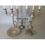 Pair of silver plated on copper candelabra, silver plated minora, white metal swing handled