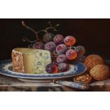 Raymond Campbell, oil on panel, still life with stilton, grapes and nuts on a marble ledge,