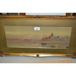 F. Nevil, gilt framed watercolour, figure in a boat on a river before a church, a pair of framed