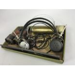 Pair of leather covered field binoculars by Dolland, brass four drawer telescope and two pairs of