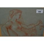 Pre-Raphaelite style sanguine drawing, study of a female nude extinguishing an oil lamp, 8ins x