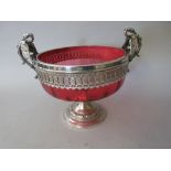 W.M.F. silver plated and ruby glass fruit bowl with swan handles
