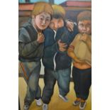 Modern South American school, oil on canvas, group of three boys, signed Castillo, 50ins x 36ins