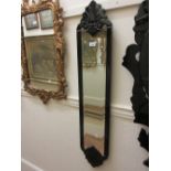 Pair of modern narrow black and mirrored glass wall mirrors with floral etched borders and