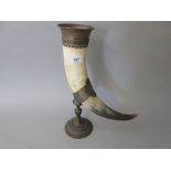 Silver plate mounted drinking horn on circular base