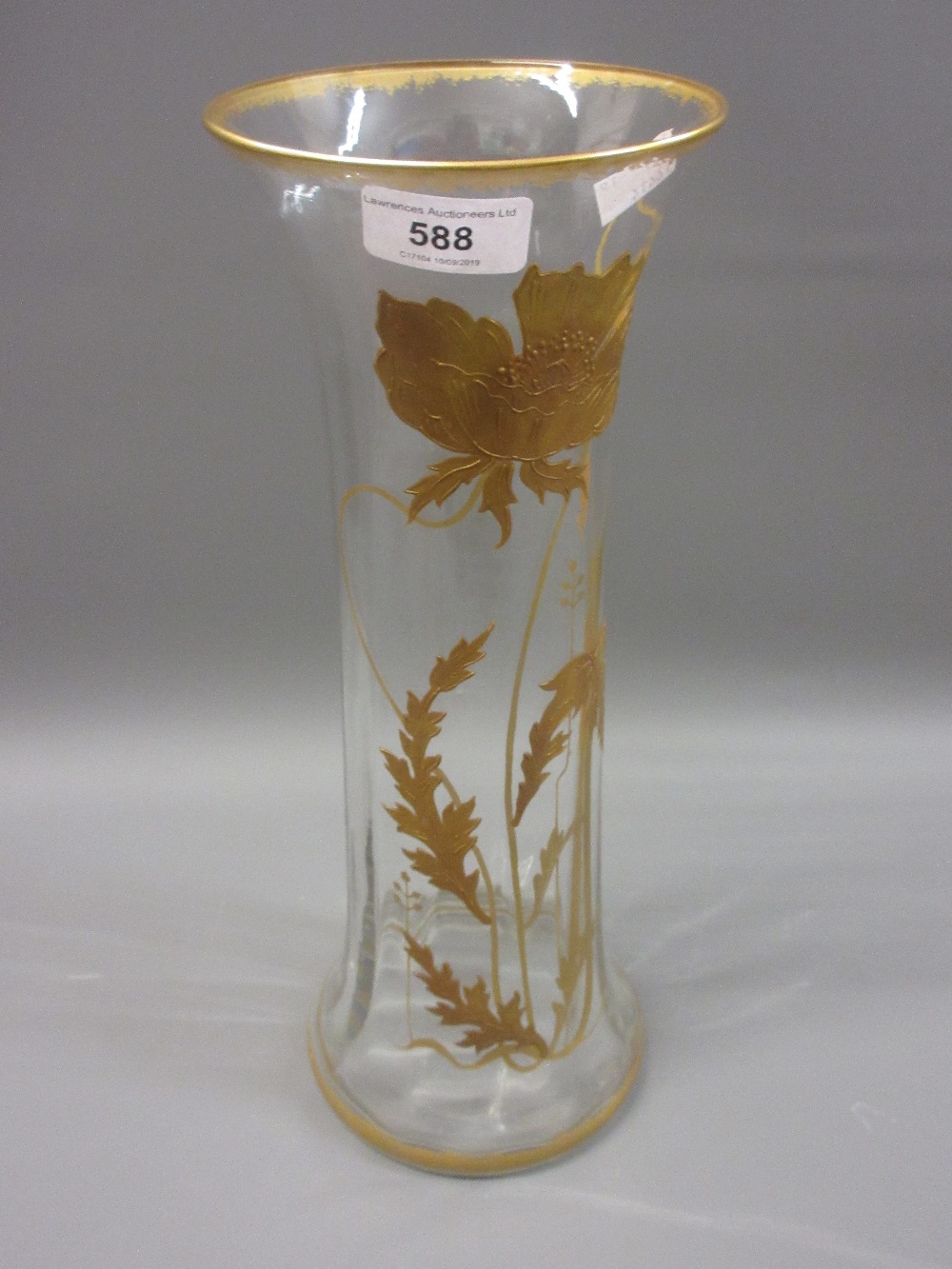 Moser type glass flared rim vase with floral gilded decoration, 13ins high