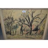 Framed watercolour and charcoal, dwellings in a wooded landscape, signed Frank Dobson, dated '46,