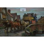 Alfred Montague Rivers, pastel, ' Nearing Home ', a stage coach crossing a bridge at dusk, signed,
