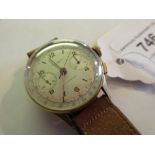 Mid 20th Century 18ct gold cased Swiss chronograph wristwatch, the silvered dial with Arabic and