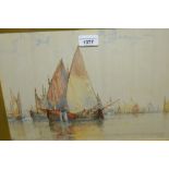 F.J. Aldridge, watercolour, study of sailing vessels in the Venice lagoon, signed, 10ins x 14.