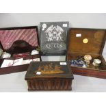 Sorrento ware puzzle box together with a leather cigar box, a modern mahogany writing box and one