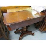 19th Century mahogany rosewood banded card table on turned column support raised on scroll feet