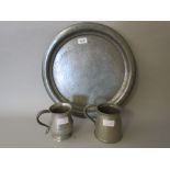 Tudric Liberty and Co. 16in circular pewter hand beaten tray, No. 01213, Tudric pewter mug, No.