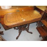 19th Century burr walnut and floral inlaid card table, having fold-over top with baize lined