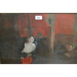 Mid 20th Century oil on board, an abstract composition in red, white and black, 16ins x 21ins,