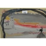 Watercolour study, girl before a river with distant church, signedBerard, 12ins x 16ins, framed