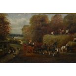 Pair of 19th Century oils on canvas, harvesting scenes in Yorkshire, 8.5ins x 12.5ins, gilt framed