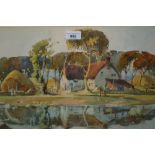 John Mace watercolour, farm buildings from accross a pond with reflections and figures, signed, gilt