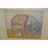 Attributed to Diana M. Armfield, gouache painting study of a wicker chair and plant, monogrammed,