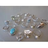Small quantity of mainly silver pearl set rings, a brooch in the form of a mouse etc
