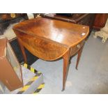 Small George III mahogany rosewood and line inlaid oval drop-leaf Pembroke table on square