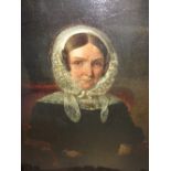 19th Century English school, oil on panel, portrait of a seated lady wearing a lace headdress