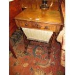 19th Century rosewood work table, the moulded top with a single frieze drawer above a pull-out