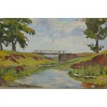 Five unframed Russian school oils, landscape, garden and other scenes, all inscribed verso