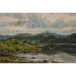 David Hyde, oil on canvas, Highland lake scene with mountains, signed, 11.5ins x 15.5ins