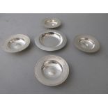 Set of four modern miniature silver Armada dishes, Sheffield silver ashtray, four plated eggcups