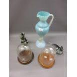 Large blue iridescent glass jug vase, 15ins high, together with two glass figures of animals and two
