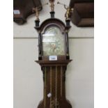 Reproduction oak Dutch style wall clock, the painted dial with moon phase, weights and pendulum,