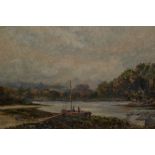Oil on canvas board, river landscape with boatmen, signed verso J.F. Slater, 10ins x 14ins