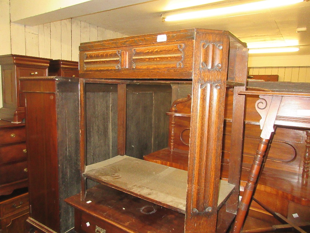 1940's Oak single drawer side table with linen fold carved decoration and undertier, 31ins high,