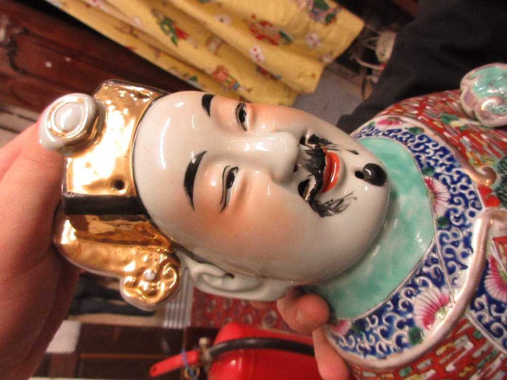 Large 20th Century Chinese terracotta figure of a man holding a scepter in dragon decorated robes, - Image 10 of 11