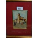 Nino Brunello, oil on card, Continental figures in a street scene, signed, 5ins x 3.5ins, gilt