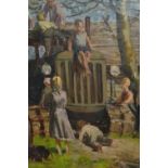 Russian school oil on canvas laid onto board, children playing by a farm tractor, inscribed