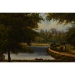 A. Gilbert, pair of 19th Century oils on canvas, lake scenes with figures in rowing boats, inscribed