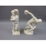 Bisque figure of an athlete throwing the discus and another of a male nude Good condition 13ins high