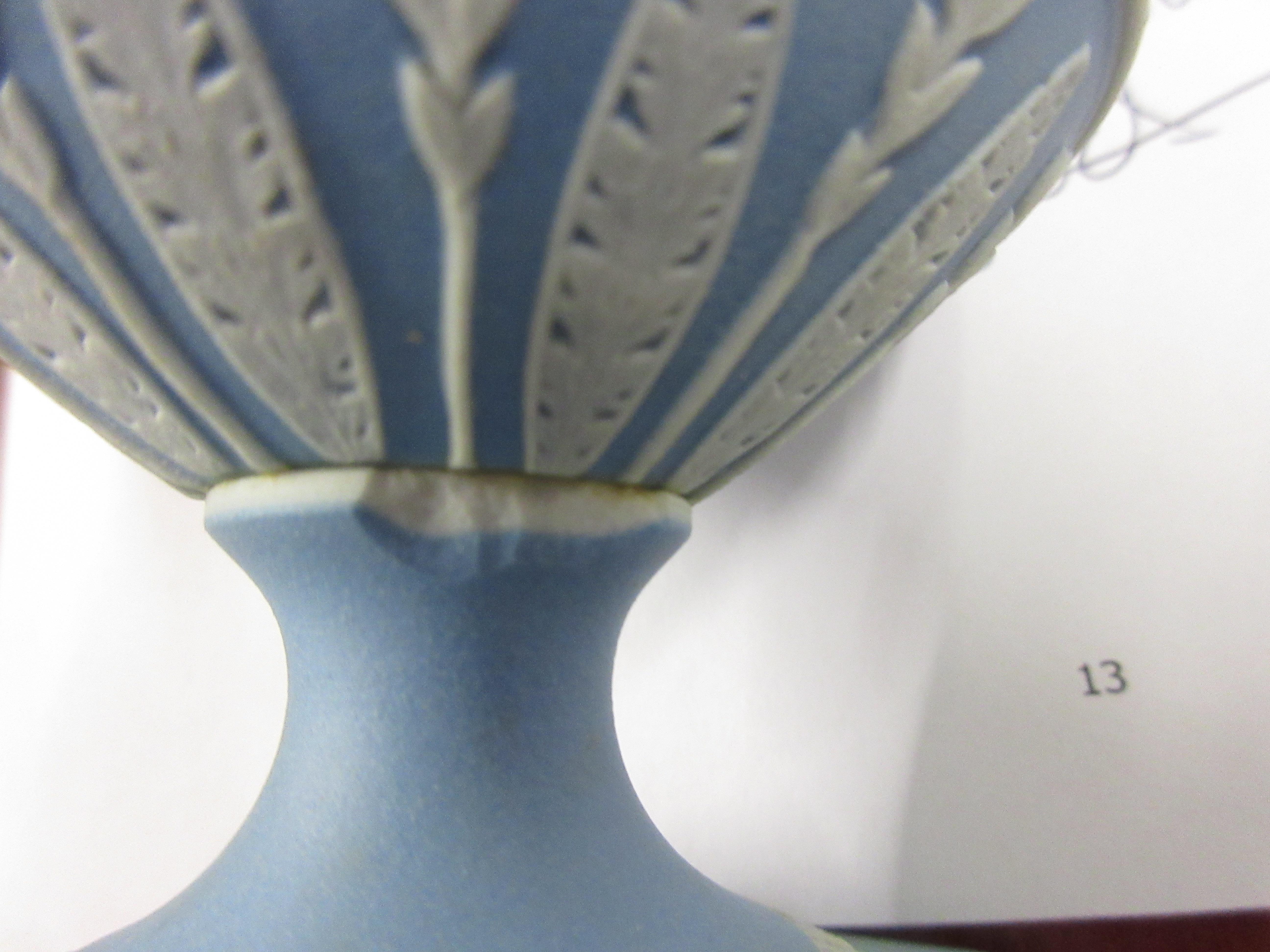 19th Century Wedgwood blue Jasperware two handled pedestal vase and cover relief decorated with a - Image 6 of 6