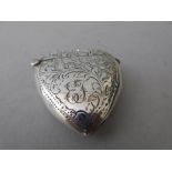 Edwardian floral engraved silver heart shaped vesta case, Birmingham 1908