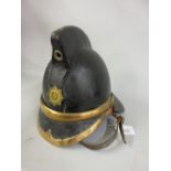 Early 20th Century James Hendry patent leather fireman's helmet with transfer printed badge