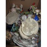Box containing a quantity of partially restored porcelain including figures, lattice work plates,