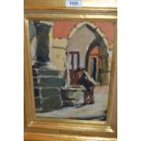 Early 20th Century oil on card, street scene with figure at a well, inscribed on frame plaque ' J.