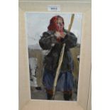 Mikhail Kuznetsov, Russian school oil on card, portrait of a young lady holding a staff, signed