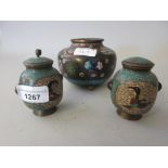 Pair of small cloisonne two handled baluster form covered vases (minus one finial) together with a