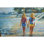 Andrew Doug, oil on canvas, two girls walking on a beach, 20ins x 24ins, gilt framed Good condition,