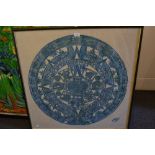 Large framed print on textured paper of an Aztec calendar together with a modern monochrome acrylic,