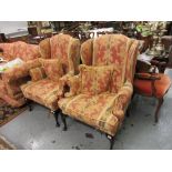 Pair of similar wing back armchairs on cabriole front supports