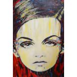 Large acrylic on canvas, portrait of ' Twiggy ', unsigned, 44ins x 32.5ins, unframed